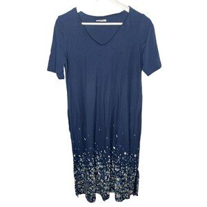 J Jill Pure Jill Blue Maxi Dress Small Floral Border T-Shirt Lounge Knit